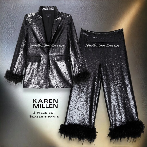 Karen Millen NWT 2 PC black feather trim sequin  blazer + pants *shop@iamwarrior - Picture 8 of 11